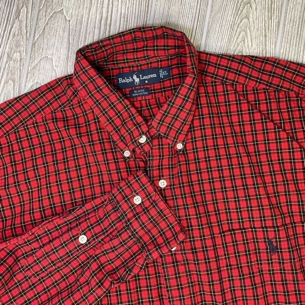 Ralph Lauren Men’s XL Red Tartan Plaid Button Down Shirt Long Sleeve Navy Pony